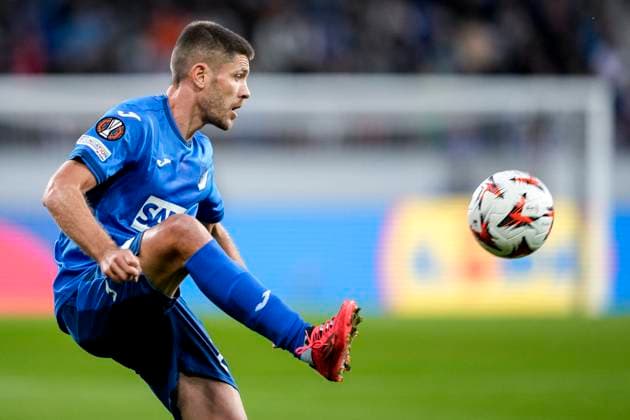 Andrej Kramaric Hoffenheim, 27 , on the ball, single image, single photo, action, action, 03 10 2024, Sinsheim Germany , Football, UEFA Europa League, group stage, TSG 1899 Hoffenheim Dynamo Kiev, REGULATIONS PROHIBIT ANY USE OF PHOTOGRAPHS AS IMAGE SEQUENCES AND OR QUASI VIDEO xozx