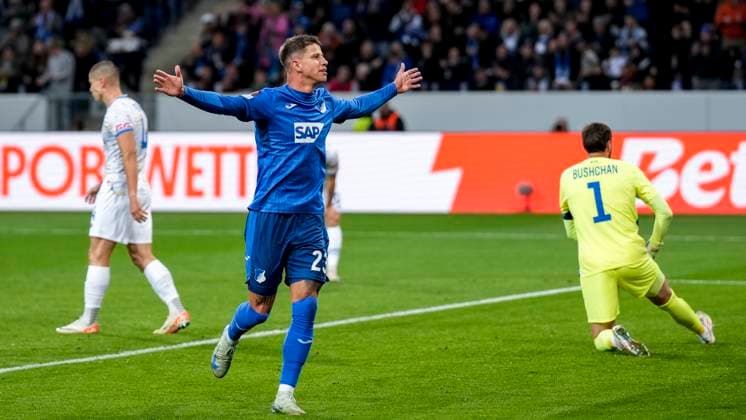 Goalscorer Adam Hlozek Hoffenheim, 23 , TSG 1899 Hoffenheim player, cheers about the goal to 1 0, cheer, cheer, goal celebration, celebrate the goal, goal, celebration, cheers about the goal, rejoicing, joy, rejoices, optimistic, positive, match scene, highlight, single image, action, action, 03 10 2024, Sinsheim Germany , football, UEFA Europa League, group stage, TSG 1899 Hoffenheim Dynamo Kiev, REGULATIONS PROHIBIT ANY USE OF PHOTOGRAPHS AS IMAGE SEQUENCES AND OR QUASI VIDEO xozx