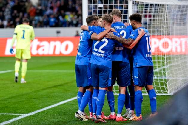 TSG 1899 Hoffenheim players, cheer about the goal to 1 0, jubilation, goal celebration, celebrate the goal, goal, celebration, cheers about the goal, rejoicing, joy, rejoices, optimistic, positive, game scene, Highlight, Action, Action, 03 10 2024, Sinsheim Germany , Football, UEFA Europa League, Group Stage, TSG 1899 Hoffenheim Dynamo Kiev, REGULATIONS PROHIBIT ANY USE OF PHOTOGRAPHS AS IMAGE SEQUENCES AND OR QUASI VIDEO xozx