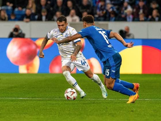 Vladyslav Dubinchak Dynamo Kiev 44 , Valentin Gendrey TSG 1899 Hoffenheim, 15 , duel, GER, TSG 1899 Hoffenheim vs Dynamo Kiev, Football, UEFA Europa League, Matchday 2, 2024 2025 season, 03 10 2024 GER, TSG 1899 Hoffenheim vs Dynamo Kiev, Football, UEFA Europa League, Matchday 2, 2024 2025 season, 03 10 2024 Sinsheim Copyright: xEibner-Pressefoto FlorianxSchustx EP_FSU