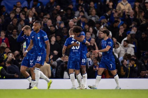 Renato Veiga of Chelsea scores and celebrates 1-0 Chelsea v Gent, UEFA Conference League, Group Stage, Football, Stamford Bridge, London, UK, 03 Oct 2024 EDITORIAL USE ONLY No use with unauthorised audio, video, data, fixture lists, club league logos or live services. Online in-match use limited to 120 images, no video emulation. No use in betting, games or single club league player publications. Copyright: xIanxTuttle Shutterstockx 14750819m