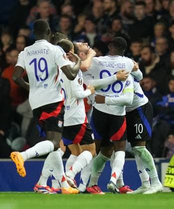 Alexander Lacazette of Olympique Lyonnais is congratulated after scoring his second goal during the UEFA Europa League match between Rangers FC and Olympique Lyonnais at Ibrox Stadium, Glasgow on 3rd October, 2024. Rangers v Lyon, UEFA Europa League, Group Stage, Football, Ibrox Stadium, Glasgow, Scotland, UK, 03 Oct 2024 EDITORIAL USE ONLY No use with unauthorised audio, video, data, fixture lists, club league logos or live services. Online in-match use limited to 120 images, no video emulation. No use in betting, games or single club league player publications. Copyright: xMarkxRunnacles Shutterstockx 14750818be