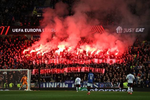 Rangers fans during the Europa League group phase match at Ibrox Stadium, Glasgow. Rangers v Lyon, UEFA Europa League, Group Stage, Football, Ibrox Stadium, Glasgow, Portugal, 03 Oct 2024 EDITORIAL USE ONLY No use with unauthorised audio, video, data, fixture lists, club league logos or live services. Online in-match use limited to 120 images, no video emulation. No use in betting, games or single club league player publications. Copyright: xO Rourke RangersxFC Shutterstockx 14755166dh