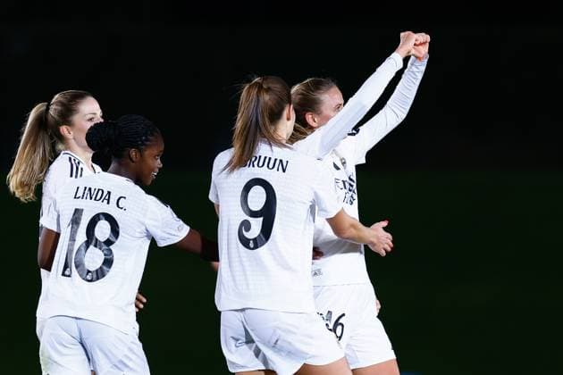 October 17, 2024, Valdebebas, Madrid, SPAIN: Caroline Moller-Hansen of Real Madrid celebrates a goal during the UEFA Womenâ€⠢s Champions League, Group B, football match played between Real Madrid and Celtic FC at Alfredo Di Stefano stadium on October 17, 2024, in Valdebebas, Madrid, Spain. Valdebebas SPAIN - ZUMAa181 20241017_zaa_a181_086 Copyright: xDennisxAgyemanx