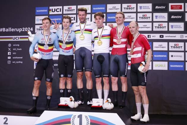 Tissot Track cycling, Rad, Radsport, Bahnrad, Bahn World Championship, WM, Weltmeisterschaft - Ballerup, Copenaghen, Den- 20 - 10-2024 - Men s Madison - Kluge Roger, Teutenberg Tim Tom - De Vylder Lindsay, Van De Bossche Fabio - Larsen Niklas, Morkov Michael& xA; during Tissot 2024 Track World Championships, Track cycling race in Copenhagen, Denmark, October 20 2024 Copyright: xStefanoxCavasino IPAxSportx xipax xx IPA_50781694 IPA_Agency_IPA50781694