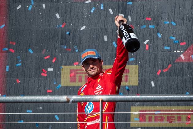 Charles Leclerc Scuderia Ferrari HP, Monaco, 16 celebrates victory on the podium at the podium ceremony, USA, Formula 1 World Championship, Pirelli Grand Prix of the United States of America, Circuit of the Americas Austin, Race, 20 10 2024 USA, Formula 1 World Championship, Pirelli Grand Prix of the United States of America, Circuit of the Americas Austin, Race, 20 10 2024 Austin Copyright: xEibner-Pressefoto Memmlerx EP_MMR