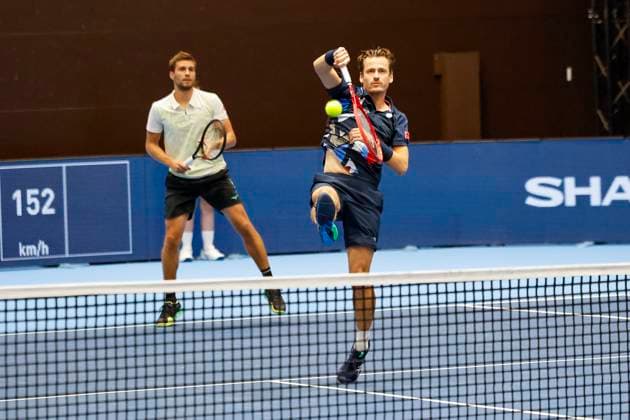 Nikola Mektic CRO and Wesley Koolhof NED , Tennis, Swiss Indoors ATP World Tour 500 , 1 8 Finals Doubles, 2024, Wesley Koolhof NED , Nikola Mektic CRO vs Francisco Cerundolo ARG , Tomas Martin Etcheverry ARG , 21 10 2024, St Jakobshalle, Basel, Switzerland Basel St Jakobshalle BS Switzerland Copyright: xGrantxHubbsx