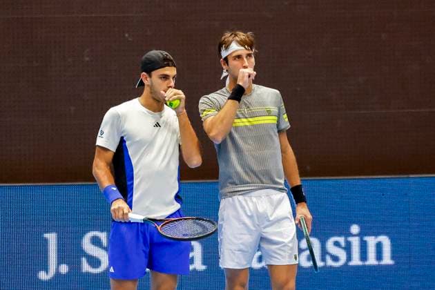 Francisco Cerundolo ARG and Tomas Martin Etcheverry ARG , Tennis, Swiss Indoors ATP World Tour 500 , 1 8 Finals Doubles, 2024, Wesley Koolhof NED , Nikola Mektic CRO vs Francisco Cerundolo ARG , Tomas Martin Etcheverry ARG , 21 10 2024, St Jakobshalle, Basel, Switzerland Basel St Jakobshalle BS Switzerland Copyright: xGrantxHubbsx