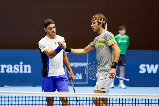 Francisco Cerundolo ARG and Tomas Martin Etcheverry ARG , Tennis, Swiss Indoors ATP World Tour 500 , 1 8 Finals Doubles, 2024, Wesley Koolhof NED , Nikola Mektic CRO vs Francisco Cerundolo ARG , Tomas Martin Etcheverry ARG , 21 10 2024, St Jakobshalle, Basel, Switzerland Basel St Jakobshalle BS Switzerland Copyright: xGrantxHubbsx