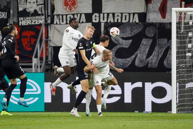Junior Dina Ebimbe Eintracht Frankfurt, 26 , Ziga Lipuscek Rigas Futbola Skola, 43 , Robin Koch Eintracht Frankfurt, 04 and Rasmus Kristensen Eintracht Frankfurt, 13 fighting for the ball , Football, UEFA Europa League, Matchday 3, 2024 2025, Eintracht Frankfurt vs Rigas Futbola Skola, 24 10 2024, Frankfurt Stadion, Frankfurt am Main, Germany Frankfurt am Main Frankfurt Stadion Hessen Germany Copyright: xGrantxHubbsx