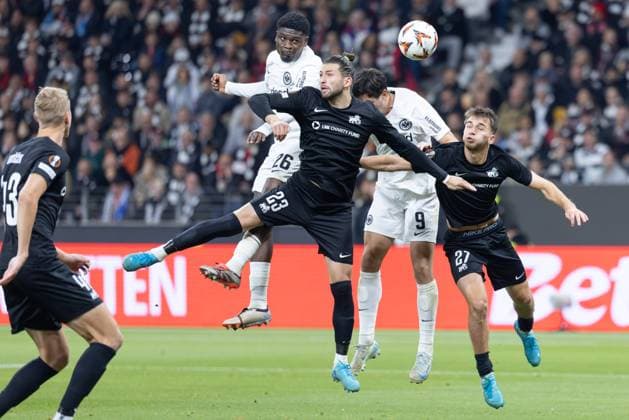 Eintracht Frankfurt FC Rigas FS, UEFA Europa League aerial battle for the ball From left Eric Junior Dina Ebimbe Eintracht Frankfurt, 26 , Herdi Prenga Riga, 23 , Igor Matanovic Eintracht Frankfurt, 9 and Adam Markhiyev Riga, 27 Far left at the front of the picture Ziga Lipuscek Riga, 43 UEFA Europa League league stage match between Eintracht Frankfurt and FC Rigas FS on October 24, 2024 at Deutsche Bank Park in Frankfurt am Main , Frankfurt am Main Hessen Germany Deutsche Bank Park