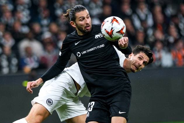 Herdi Prenga Riga FS, 23 in duel with Igor Matanovic Eintracht Frankfurt, 09 , GER, Eintracht Frankfurt vs Rigas FS, Football, UEFA Europa League, Matchday 3, Season 2024 25, 24 10 2024 GER, Eintracht Frankfurt vs Rigas FS, Football, UEFA Europa League, Matchday 3, Season 2024 25, 24 10 2024 Frankfurt Copyright: xEibner-Pressefoto FlorianxWieganx EP_FWD