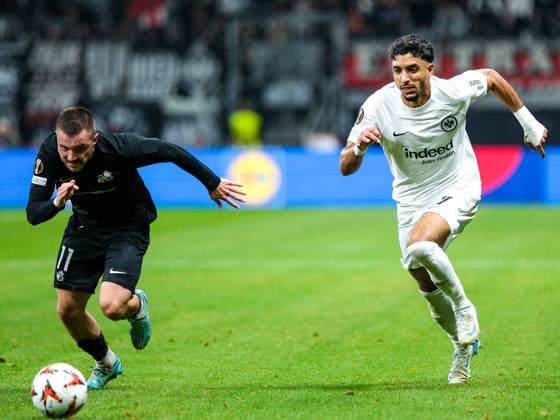 Roberts Savaļnieks Riga FS, 11 in duel with Omar Marmoush Eintracht Frankfurt, 07 , GER, Eintracht Frankfurt vs Rigas FS, Football, UEFA Europa League, Matchday 3, Season 2024 25, 24 10 2024 GER, Eintracht Frankfurt vs Rigas FS, Football, UEFA Europa League, Matchday 3, Season 2024 25, 24 10 2024 Frankfurt Copyright: xEibner-Pressefoto FlorianxWieganx EP_FWD
