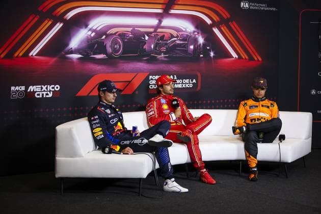press conference, PK, Pressekonferenz VERSTAPPEN Max (ned), Red Bull Racing RB20, SAINZ Carlos (spa), Scuderia Ferrari SF-24, NORRIS Lando (gbr), McLaren F1 Team MCL38, portrait during the Formula 1 Gran Premio de la Ciudad de Mexico 2024, 20th round of the 2024 Formula One World Championship, WM, Weltmeisterschaft from October 25 to 27, 2024 on the Autodromo Hermanos Rodriguez, in Mexico City, Mexico - F1 - MEXICO CITY GRAND PRIX 2024 DPPI Panoramic 241027_R20_MESSICO_EA013865