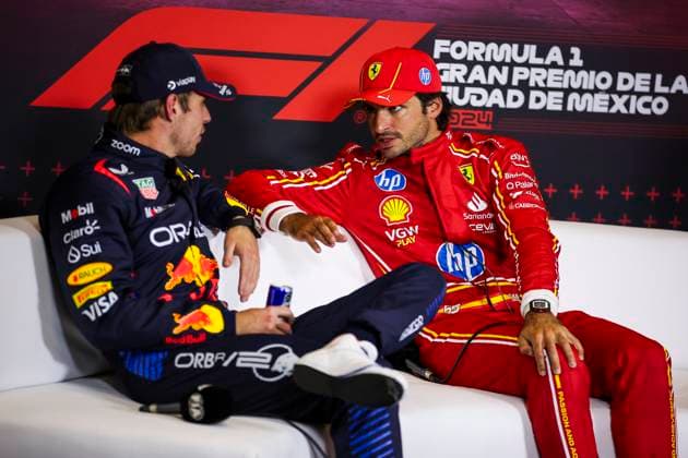 press conference, PK, Pressekonferenz SAINZ Carlos (spa), Scuderia Ferrari SF-24, VERSTAPPEN Max (ned), Red Bull Racing RB20, portrait during the Formula 1 Gran Premio de la Ciudad de Mexico 2024, 20th round of the 2024 Formula One World Championship, WM, Weltmeisterschaft from October 25 to 27, 2024 on the Autodromo Hermanos Rodriguez, in Mexico City, Mexico - F1 - MEXICO CITY GRAND PRIX 2024 DPPI Panoramic 241027_R20_MESSICO_EA014026