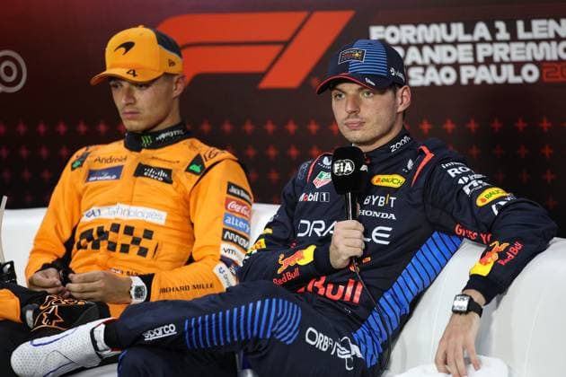 VERSTAPPEN Max (ned), Red Bull Racing RB20, portrait NORRIS Lando (gbr), McLaren F1 Team MCL38, portrait press conference, PK, Pressekonferenz during the Formula 1 Grande Premio de Sao Paulo 2024, 21th round of the 2024 Formula One World Championship, WM, Weltmeisterschaft from November 1 to 3, 2024 on the Interlagos Circuit, in Sao Paulo, Brazil - F1 - SAO PAULO GRAND PRIX 2024 DPPI Panoramic 241102_R21_BRASILE_DP_XB3_2834