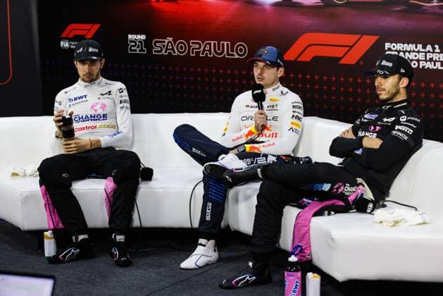 VERSTAPPEN Max (ned), Red Bull Racing RB20, portrait OCON Esteban (fra), Alpine F1 Team A524, portrait GASLY Pierre (fra), Alpine F1 Team A524, portrait press conference, PK, Pressekonferenz during the Formula 1 Grande Premio de Sao Paulo 2024, 21th round of the 2024 Formula One World Championship, WM, Weltmeisterschaft from November 1 to 3, 2024 on the Interlagos Circuit, in Sao Paulo, Brazil - F1 - SAO PAULO GRAND PRIX 2024 DPPI Panoramic 241103_R21_BRASILE_DP_XB5_5590