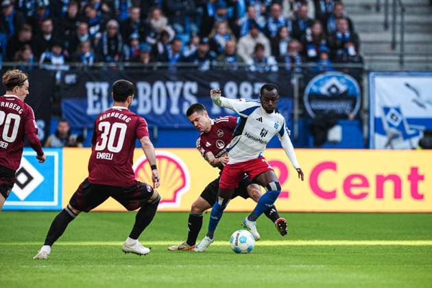 Oliver Villadsen 1 FC Nuernberg, 02 , Jean Luc Dompe Hamburger SV, 07 GER, Hamburger SV vs 1 FC Nuernberg, Football, 2 Bundesliga, Matchday 11, Season 2024 2025, 03 11 2024 DFL REGULATIONS PROHIBIT ANY USE OF PHOTOGRAPHS AS IMAGE SEQUENCES AND OR QUASI VIDEO GER, Hamburger SV vs 1 FC Nuernberg, Football, 2 Bundesliga, Matchday 11, Season 2024 2025, 03 11 2024 Hamburg Copyright: xEibner-Pressefoto MarcelxvonxFehrnx EP_MFN