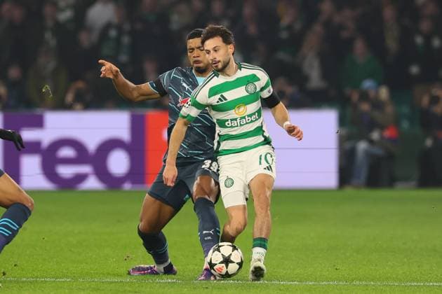 Celtic Glasgow RB Leipzig Champions League Glasgow, 05 11 2024, Celtic Park, Football, UEFA Champions League, Matchday 4 , Celtic Glasgow vs RB Leipzig , Pictured from left Benjamin Henrichs 39, RB Leipzig and Nicolas Kühn Kuehn 10, Celtic , Only editorial use Photo for editorial use only , UEFA regulations prohibit any use of photographs as image sequences and or quasi video ,