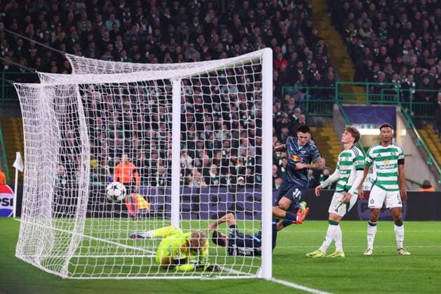 Celtic Glasgow RB Leipzig Champions League Glasgow, 05 11 2024, Celtic Park, Football, UEFA Champions League, Matchday 4 , Celtic Glasgow vs RB Leipzig , In the picture goal for RB Leipzig, Christoph Baumgartner 14, RB Leipzig scores with his head to 0 1 , Only editorial use Photo intended for editorial use only , UEFA regulations prohibit any use of photographs as image sequences and or quasi video ,