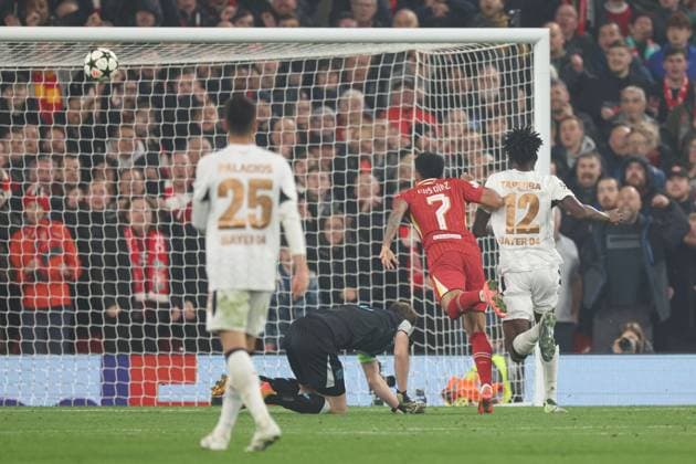 Luis Diaz of Liverpool scores a goal for their side to make it 1-0 Liverpool v Bayer 04 Leverkusen, UEFA Champions League, Group Stage, Football, Anfield, Liverpool, UK - 05 Nov 2024 EDITORIAL USE ONLY No use with unauthorised audio, video, data, fixture lists, club league logos or live services. Online in-match use limited to 120 images, no video emulation. No use in betting, games or single club league player publications. Copyright: xPaulxCurrie Shutterstockx 14863785cy