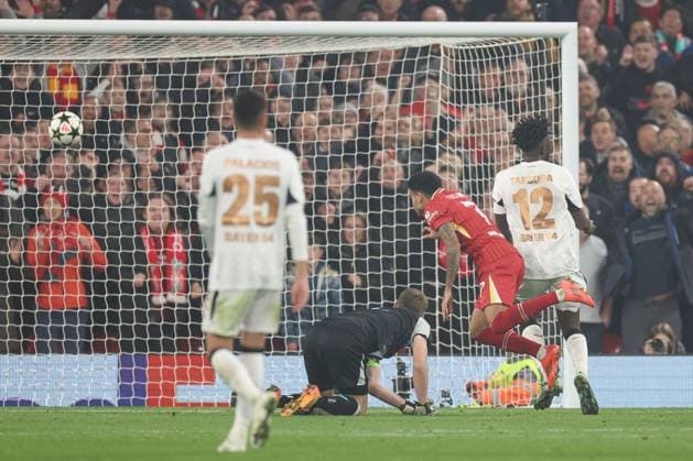 Luis Diaz of Liverpool celebrates scoring the opening goal for their side Liverpool v Bayer 04 Leverkusen, UEFA Champions League, Group Stage, Football, Anfield, Liverpool, UK - 05 Nov 2024 EDITORIAL USE ONLY No use with unauthorised audio, video, data, fixture lists, club league logos or live services. Online in-match use limited to 120 images, no video emulation. No use in betting, games or single club league player publications. Copyright: xPaulxCurrie Shutterstockx 14863785dd