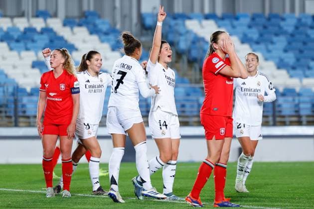 November 13, 2024, Valdebebas, Madrid, SPAIN: Maria Mendez of Real Madrid celebrates a goal during the UEFA Womenâ€⠢s Champions League, Group B, football match played between Real Madrid and FC Twente at Alfredo Di Stefano stadium on November 13, 2024, in Valdebebas, Madrid, Spain. Valdebebas SPAIN - ZUMAa181 20241113_zaa_a181_067 Copyright: xDennisxAgyemanx