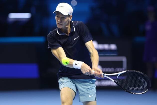 Jannik Sinner (Italy) celebrates, celebrate after winning, gestures, controls the ball, Day 7, Nitto ATP, Tennis Herren Finals 2024, INALPI Arena, November 16, 2024, Turin, Italy.
