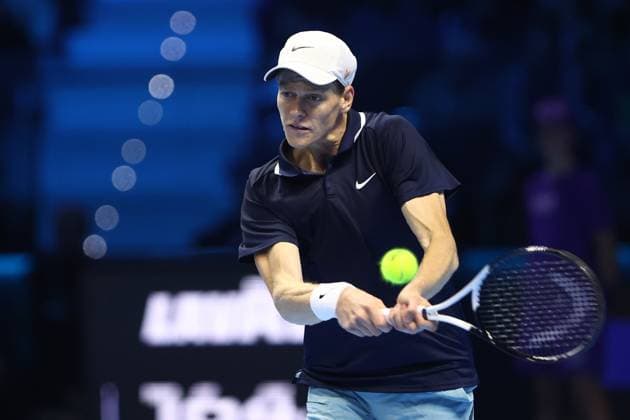 Jannik Sinner (Italy) celebrates, celebrate after winning, gestures, controls the ball, Day 7, Nitto ATP, Tennis Herren Finals 2024, INALPI Arena, November 16, 2024, Turin, Italy.