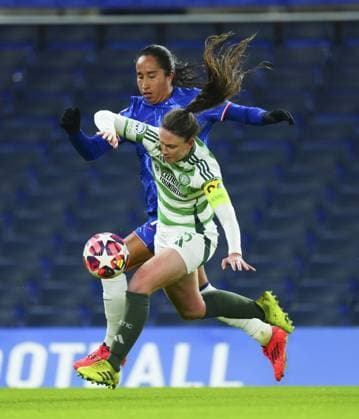 Mayra Ramirez of Chelsea Women battles with Kelly Clark of Celtic Chelsea Women v Celtic Women, UEFA Women s Champions League, Group B, Football, New Stamford Bridge, London, UK - 20 Nov 2024 EDITORIAL USE ONLY No use with unauthorised audio, video, data, fixture lists, club league logos or live services. Online in-match use limited to 120 images, no video emulation. No use in betting, games or single club league player publications. Copyright: xJavierxGarcia Shutterstockx 14922830r