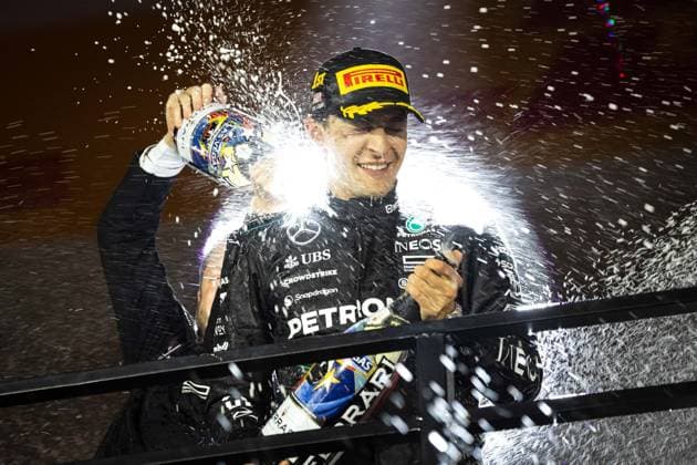 George Russell UK, Mercedes AMG Petronas F1 Team 63 , Winner of the Las Vegas Grand Prix USA, Formula 1 World Championship, Las Vegas Grand Prix, Las Vegas Strip Circuit, 23 11 2024 USA, Formula 1 World Championship, Las Vegas Grand Prix, Las Vegas Strip Circuit, 23 11 2024 Las Vegas Copyright: xEibner-Pressefoto ThomasxFuesslerx EP_TFR