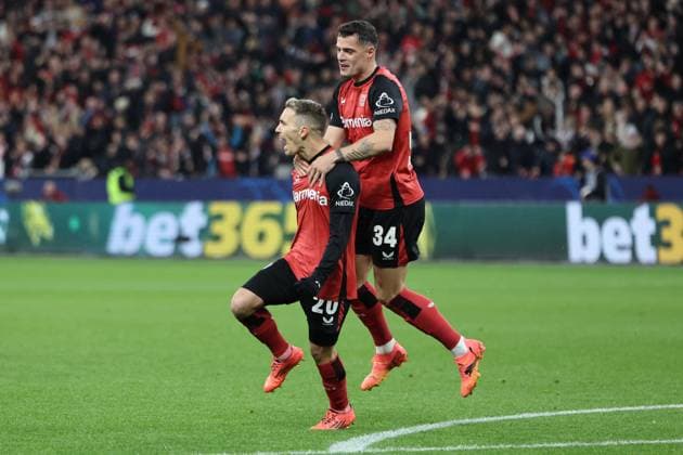GER, UEFA CL Bayer 04 Leverkusen GER vs RB Salzburg AUT 26 11 2024, BayArena, Leverkusen, Europalegue, Group stage, Matchday 3, GER, UEFA CL Bayer 04 Leverkusen GER vs RB Salzburg AUT , pictured 2 0 Goal celebration jubilation, Alex Grimaldo Leverkusen 20 , Granit Xhaka Leverkusen 34 , nordphotoxGmbHx xMeuter nph00351