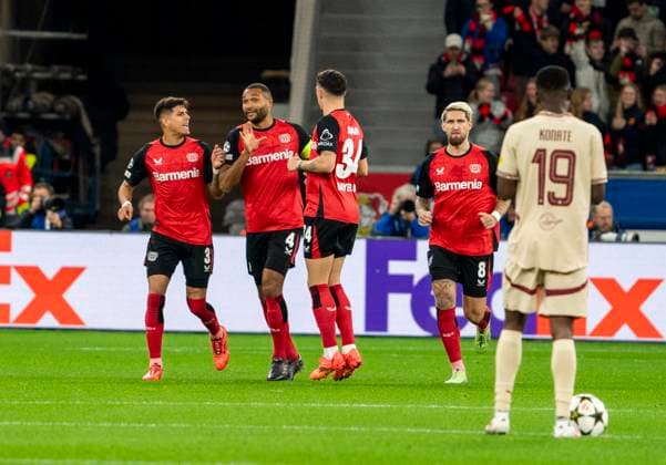 Celebrating the opening goal From left Exequiel Palacios Bayer 04 Leverkusen, 25 , Jonathan Tah Bayer 04 Leverkusen, 4 , Granit Xhaka Bayer 04 Leverkusen, 34 and Robert Andrich Bayer 04 Leverkusen, 8 26 11 2024, Football Bayer 04 Leverkusen FC Salzburg, UEFA Champions League, Season 2024 2025, Matchday 5 Copyright: HMBxMedia xMarcoxBader
