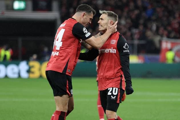 GER, UEFA CL Bayer 04 Leverkusen GER vs RB Salzburg AUT 26 11 2024, BayArena, Leverkusen, Europalegue, Group stage, Matchday 3, GER, UEFA CL Bayer 04 Leverkusen GER vs RB Salzburg AUT , pictured 2 0 Goal celebration jubilation, Alex Grimaldo Leverkusen 20 , Granit Xhaka Leverkusen 34 , nordphotoxGmbHx xMeuter nph00351