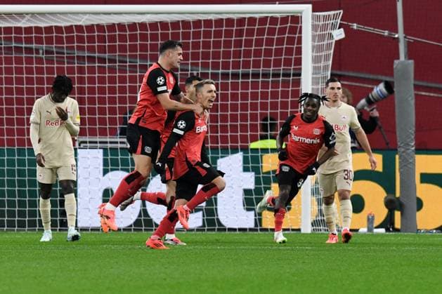 Goalscorer Alejandro Grimaldo Bayer 04 Leverkusen celebrates after his goal for 2 0 GER, Bayer 04 Leverkusen vs FC Red Bull Salzburg, Football, UEFA Champions League, League phase, 2024 2025 season, 26 11 2024 GER, Bayer 04 Leverkusen vs FC Red Bull Salzburg, Football, UEFA Champions League, League phase, 2024 2025 season, 26 11 2024 Leverkusen Copyright: xEibner-Pressefoto ThomasxThienelx EP_TTL