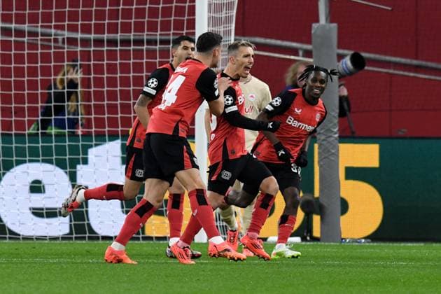 Goalscorer Alejandro Grimaldo Bayer 04 Leverkusen celebrates after his goal for 2 0 GER, Bayer 04 Leverkusen vs FC Red Bull Salzburg, Football, UEFA Champions League, League phase, 2024 2025 season, 26 11 2024 GER, Bayer 04 Leverkusen vs FC Red Bull Salzburg, Football, UEFA Champions League, League phase, 2024 2025 season, 26 11 2024 Leverkusen Copyright: xEibner-Pressefoto ThomasxThienelx EP_TTL