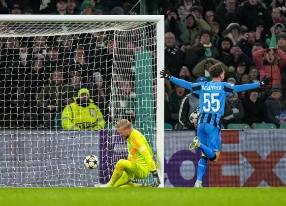 Maxim De Cuyper of Club Brugge celebrates as Cameron Carter-Vickers of Celtic scores an own goal past Celtic goalkeeper Kasper Schmeichel to give Club Brugge a 0-1 lead. Celtic v Club Brugge, UEFA Champions League, Group Stage, Football, Celtic Park, Glasgow, Scotland, UK - 27 Nov 2024 EDITORIAL USE ONLY No use with unauthorised audio, video, data, fixture lists, club league logos or live services. Online in-match use limited to 120 images, no video emulation. No use in betting, games or single club league player publications. Copyright: xStuartxWallace Shutterstockx 14945035ay