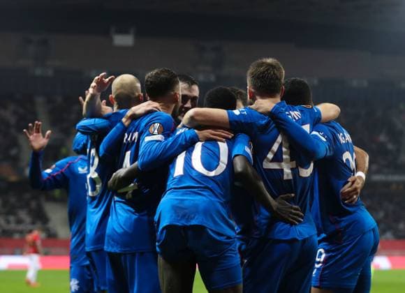 Mohamed Diomande of Rangers celebrates scoring his sides second goal during the Europa League group phase match at The Allianz Riviera, Nice. Nice v Rangers, UEFA Europa League, Group Stage, Football, Allianz Riviera, Nice, France - 28 Nov 2024 EDITORIAL USE ONLY No use with unauthorised audio, video, data, fixture lists, club league logos or live services. Online in-match use limited to 120 images, no video emulation. No use in betting, games or single club league player publications. Copyright: xKirkxO Rourke RangersxFC Shutterstockx 14951059db