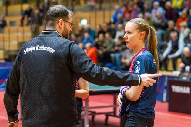 Annett Kaufmann, SV DJK Kolbermoor with coach Dr Michael Fuchs, SV DJK Kolbermoor , SV DJK Kolbermoor vs TTC Berlin eastside , Table Tennis, 1 Bundesliga Women, 7 Matchweek, 2024 2025, 06 12 2024, SV DJK Kolbermoor vs TTC Berlin eastside , Table Tennis, 1 Bundesliga Women, 7 Matchweek, 2024 2025, 06 12 2024, Kolbermoor Copyright: xEibner-Pressefoto MateuszxJopx EP_MJP