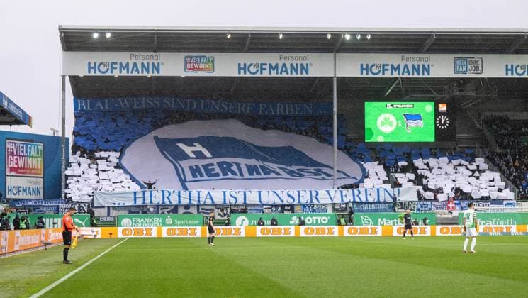 Soccer, Men, Season 2024 2025, 2 Bundesliga 15 Matchday , SpVgg Greuther Fürth Hertha BSC, Guest block, Fans of Hertha, Hertha is our club , Blue and white are our colors, 07 12 2024, Copyright: xMatthiasxKochx