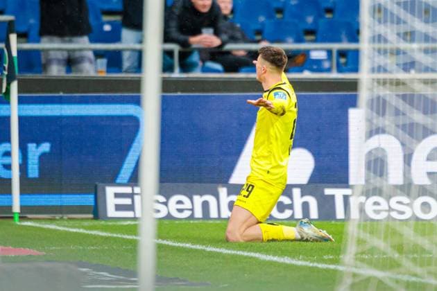 Semir Telalovic SSV Ulm 1846, 29 celebrates after scoring 0 1 GER, Hannover 96 vs SSV Ulm 1846, Football, 2 Bundesliga, Matchday 15, Match 2024 2025, 07 12 2024 DFL Regulations prohibit any use of photographers as image sequences and or quasi video GER, Hannover 96 vs SSV Ulm 1846, Football, 2 Bundesliga, Matchday 15, Match 2024 2025, 07 12 2024 Hannover Copyright: xEibner-Pressefoto JanxRollingerx EP_JSK