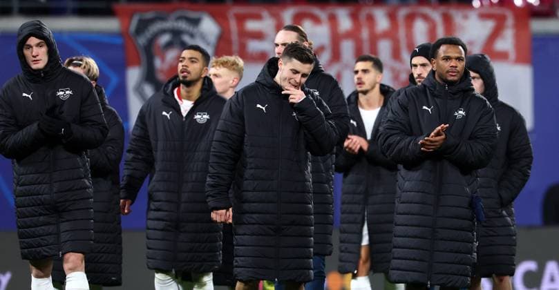 RB Leipzig Aston Villa Champions League Leipzig, 10 12 2024, Red Bull Arena, Football, UEFA Champions League, Matchday 6 , RB Leipzig vs Aston Villa , In the picture Disappointment at Leipzig after the match , For editorial use only , UEFA regulations prohibit any use of photographs as image sequences and or quasi video ,