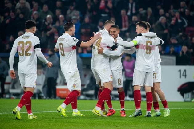 Enzo Millot VfB Stuttgart, 08 , Angelo Stiller VfB Stuttgart, 06 , Jeff Chabot VfB Stuttgart, 24 , Chris Fuehrich VfB Stuttgart, 27 , Ermedin Demirovic VfB Stuttgart, 09 , Fabian Rieder VfB Stuttgart, 32 celebrate the goal for 2 1, GER, VfB Stuttgart vs BSC Young Boys Bern, Football, Men, UEFA Champions League, Matchday 6, Season 2024 2025, 11 12 2024 GER, VfB Stuttgart vs BSC Young Boys Bern, Football, Men, UEFA Champions League, Matchday 6, Season 2024 2025, 11 12 2024 Stuttgart Copyright: xEibner-Pressefoto Memmlerx EP_MMR