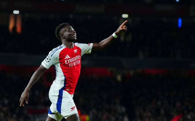 Bukayo Saka of Arsenal celebrates scoring a goal after making it 2-0 Arsenal v Monaco, UEFA Champions League, Group Stage, Football, Emirates Stadium, London, UK - 11 Dec 2024 EDITORIAL USE ONLY No use with unauthorised audio, video, data, fixture lists, club league logos or live services. Online in-match use limited to 120 images, no video emulation. No use in betting, games or single club league player publications. Copyright: xJavierxGarcia Shutterstockx 14984979ab