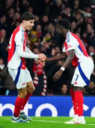 Kai Havertz of Arsenal celebrates scoring a goal after making it 3-0 with fellow scorer Bukayo Saka Arsenal v Monaco, UEFA Champions League, Group Stage, Football, Emirates Stadium, London, UK - 11 Dec 2024 EDITORIAL USE ONLY No use with unauthorised audio, video, data, fixture lists, club league logos or live services. Online in-match use limited to 120 images, no video emulation. No use in betting, games or single club league player publications. Copyright: xJavierxGarcia Shutterstockx 14984979ae