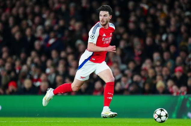 Declan Rice of Arsenal Arsenal v Monaco, UEFA Champions League, Group Stage, Football, Emirates Stadium, London, UK - 11 Dec 2024 EDITORIAL USE ONLY No use with unauthorised audio, video, data, fixture lists, club league logos or live services. Online in-match use limited to 120 images, no video emulation. No use in betting, games or single club league player publications. Copyright: xJavierxGarcia Shutterstockx 14984979az