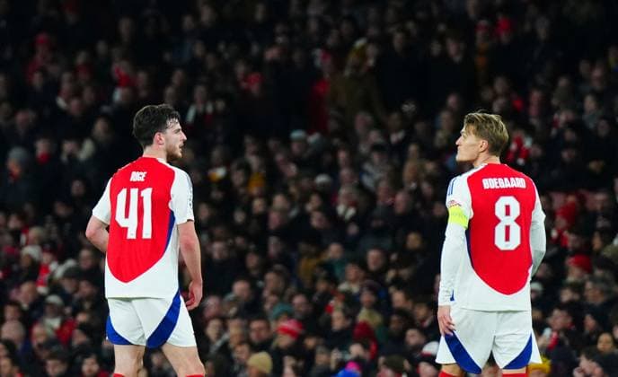 Declan Rice and Martin Odegaard of Arsenal Arsenal v Monaco, UEFA Champions League, Group Stage, Football, Emirates Stadium, London, UK - 11 Dec 2024 EDITORIAL USE ONLY No use with unauthorised audio, video, data, fixture lists, club league logos or live services. Online in-match use limited to 120 images, no video emulation. No use in betting, games or single club league player publications. Copyright: xJavierxGarcia Shutterstockx 14984979cm