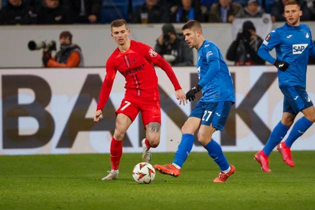Florin Tanase FCSB Bucharest, 07 and Andrej Kramaric TSG Hoffenheim, 27 fighting for the ball , Football, UEFA Europa League, Matchday 6, 2024 2025, TSG Hoffenheim vs FCSB Bucharest, 12 12 2024, Rhein Neckar Arena, Sinsheim, Germany Sinsheim Rhein Neckar Arena Baden Württemberg Germany Copyright: xGrantxHubbsx