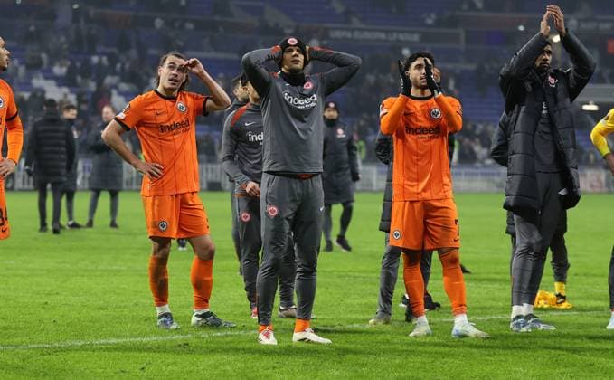 12 12 2024, Football UEFA Europa League, Olympique Lyon Eintracht Frankfurt, emonline, emspor, v l , Arthur Theate Eintracht Frankfurt , Timothy Chandler Eintracht Frankfurt , Omar Marmoush Eintracht Frankfurt disappointed, disappointed looking, dissapointed, sad, frustrated, frustrated, frustrated DFL DFB REGULATIONS PROHIBIT ANY USE OF PHOTOGRAPHS AS IMAGE SEQUENCES AND OR QUASI VIDEO xdcx Copyright: HMBxMedia Claus
