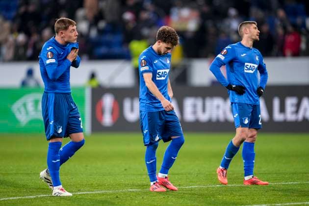 from left Alexander Prass Hoffenheim, 22 , Dennis Geiger Hoffenheim, 8 , Andrej Kramaric Hoffenheim, 27 , TSG 1899 Hoffenheim player, disappointed about the draw, only draw, disappointment after the final whistle, highlight, point loss, frustration, disappointed, pessimistic, 12 12 2024, Sinsheim Germany , Football, UEFA Europa League, Group Stage, TSG 1899 Hoffenheim FCSB Bucharest, 12 12 2024, Sinsheim Germany , Football, UEFA Europa League, Group Stage, TSG 1899 Hoffenheim FCSB Bucharest, DFB DFL REGULATIONS PROHIBIT ANY USE OF PHOTOGRAPHS AS IMAGE SEQUENCES AND OR QUASI VIDEO xozx